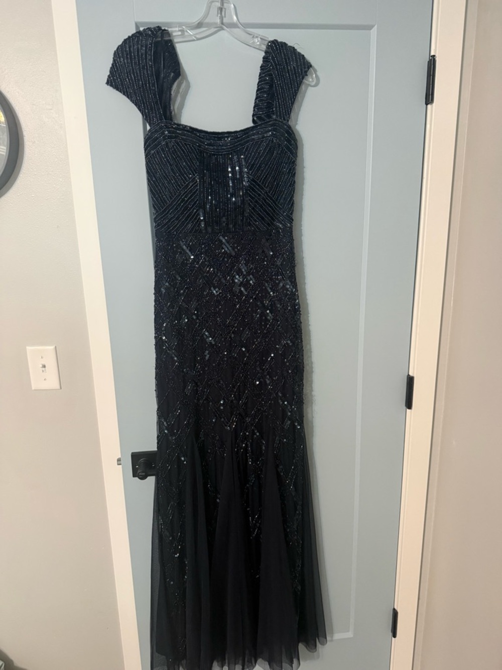 Adrianna Papell Black Beaded Maxi Gown with Cap Sleeves